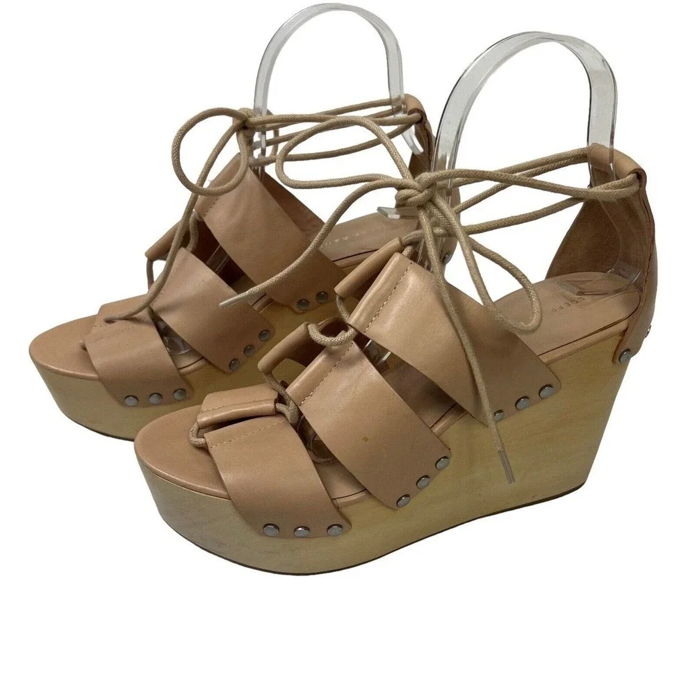 Loeffler Randall Ines Nude Lace Up Platform Wood Heel Sandals 9 Gladiator